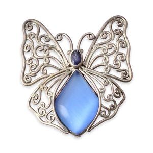 Sajen Sterling Silver Butterfly Pendant / Brooch Blue Cat’s Eye Glass Stone